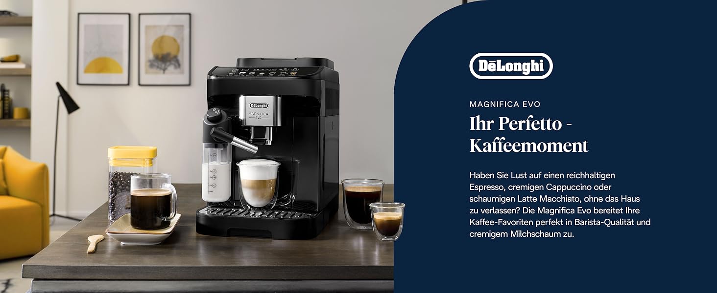 Der Text beinhaltet 'DeLonghi'. Kaffeemaschinen-Display mit Espressomaschine in einer modernen Küchenumgebung mit mehreren Produktansichten.