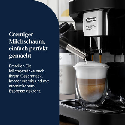 De’Longhi Magnifica Evo - Perfetto Kaffeevollautomat mit LatteCrema-Milchaufschäumer, 7 One-Touch-Getränke, Cappuccino, Espresso Kaffeemaschine, Soft-Touch-Bedienfeld, Schwarz (ECAM292.81.B)